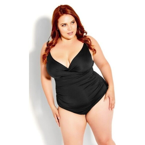 NWT City Chic Azores Drape 1 Piece - black one piece Swim suit Size 22 - Picture 1 of 10